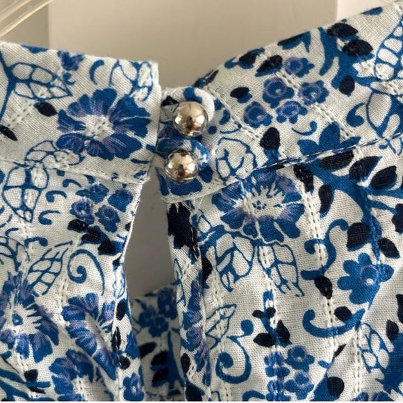 Veronica Beard White and Blue Floral print Mock neck Ruffle Blouse - Picture 9 of 12